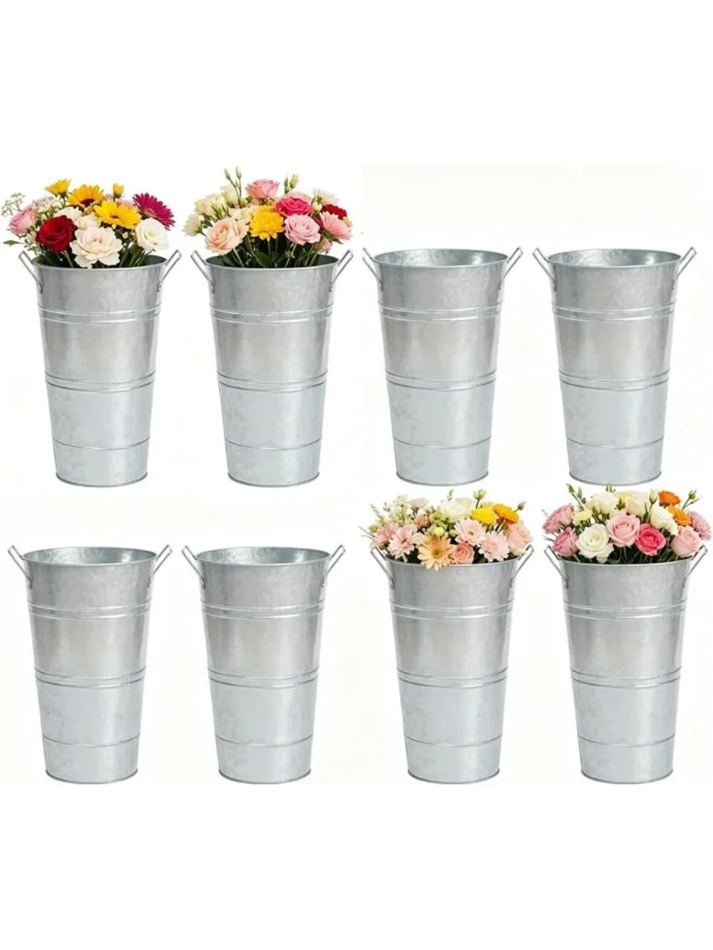 Set of 8 Galvanized Metal Flower Buckets - 10 Inch Rustic Vases for Home Decor